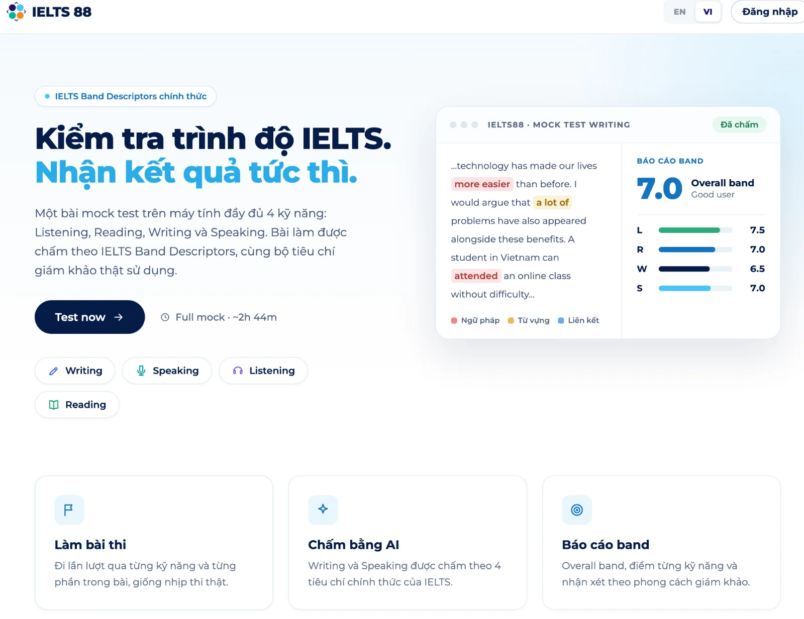 màn hình nền tảng thi thử IELTS online kèm bảng báo cáo band 4 kỹ năng